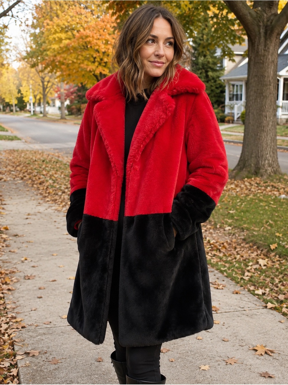 Fun & Fabulous Two-Tone Faux Fur Coat - Red & Black
